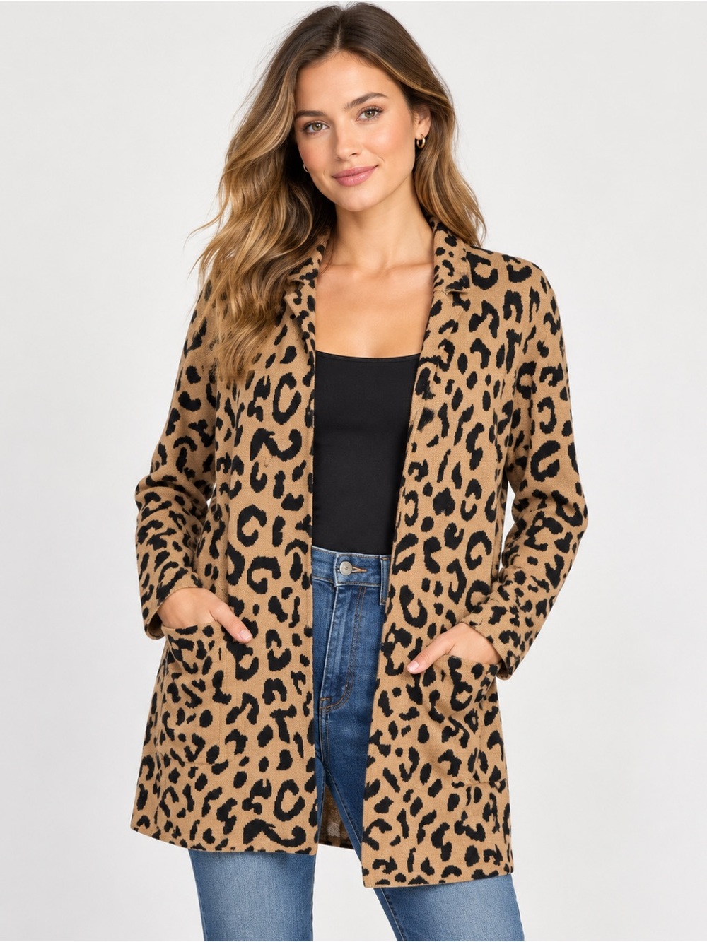 J.Crew Leopard Print Open Front Long Cardigan Jacket XS Tan Black